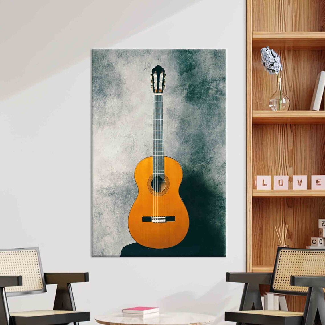 Classical Acoustic Guitar on Moody Teal Grunge Backdrop Poster