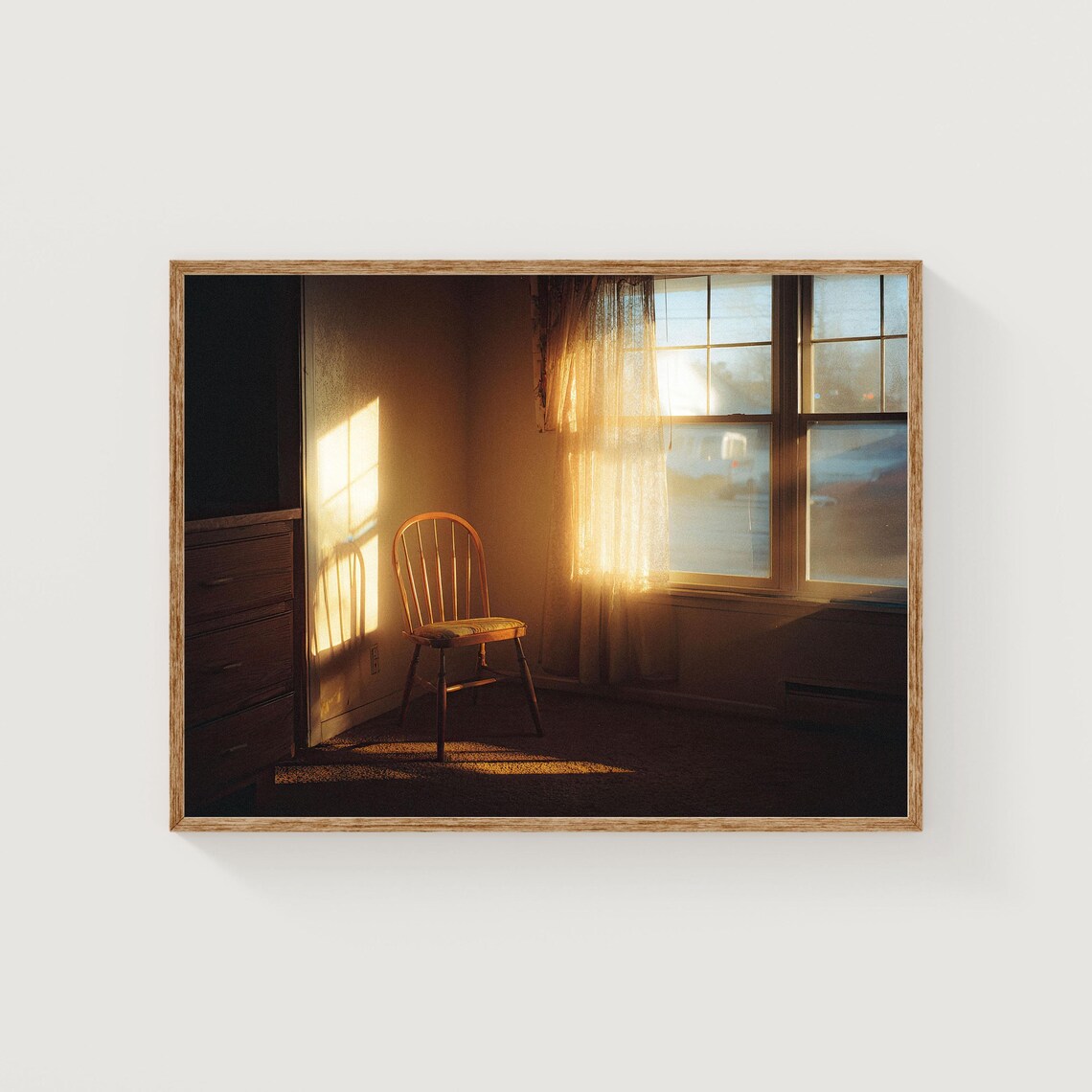 Warm Golden Hour Sunlight Cozy Room Interior Wooden Chair Print