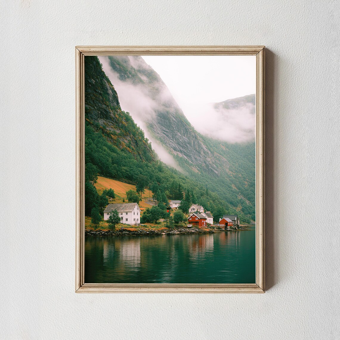 Norwegian Fjord Village Misty Mountains Lakeside Cabins Photo Poster