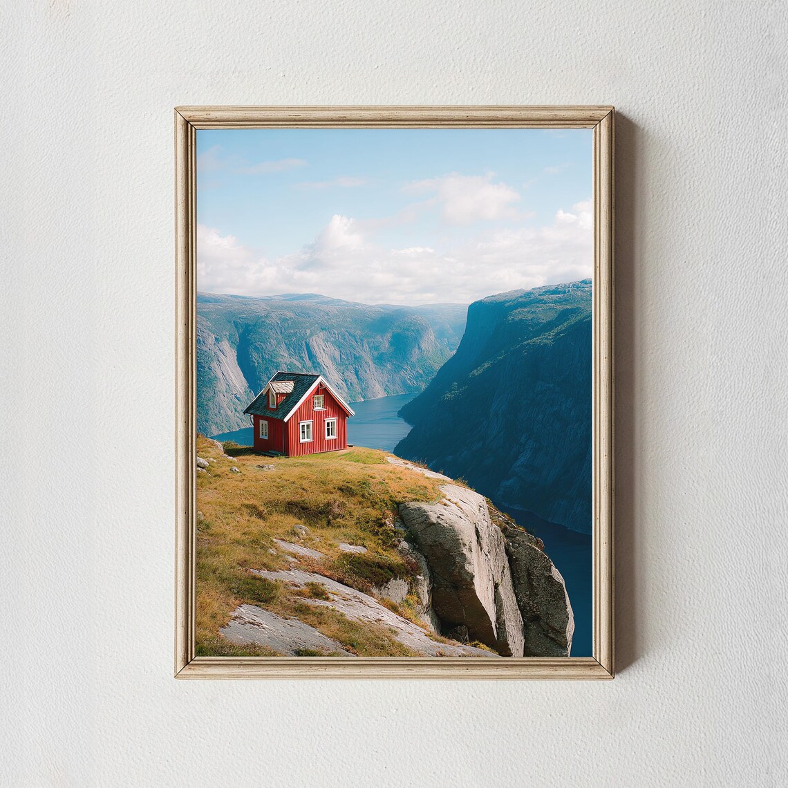 Norway Fjord Red Cabin on Cliff Edge Blue Water Landscape Wall Art