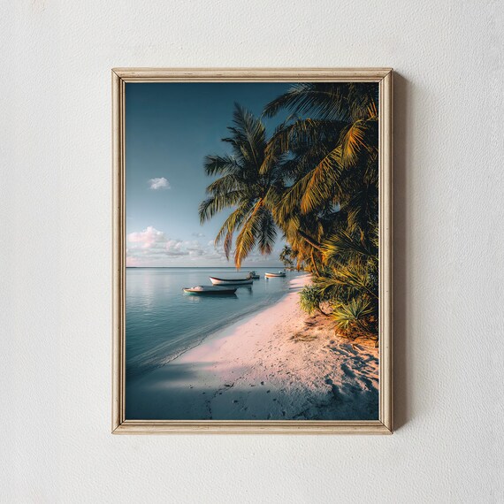 Tropical Beach Palm Trees White Sand Boats Sunset Photography Wall Art