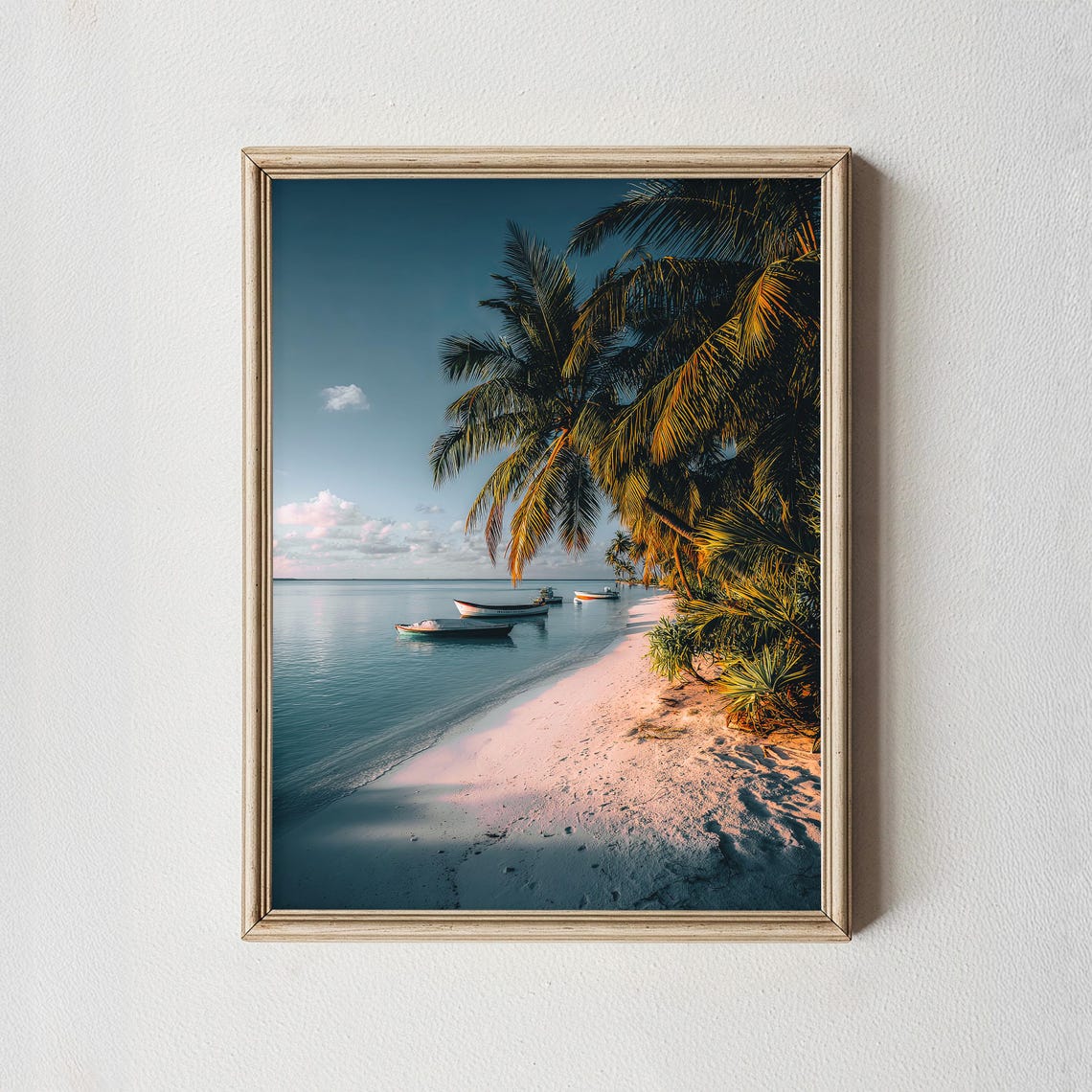 Tropical Beach Palm Trees White Sand Boats Sunset Photography Wall Art