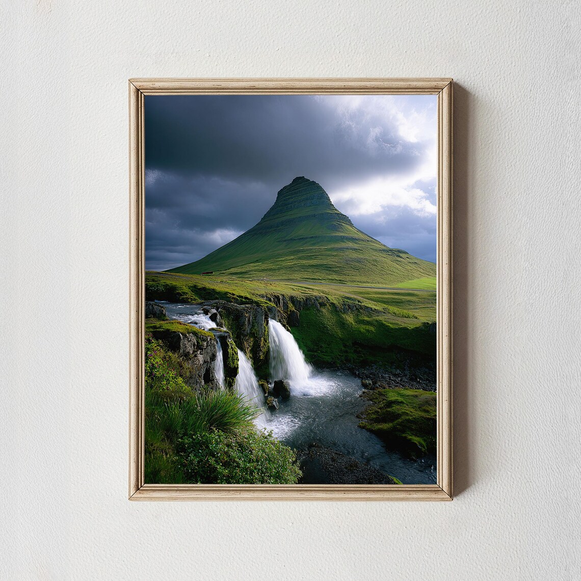 Kirkjufell Iceland Waterfall Green Mountain Moody Sky Photo Poster