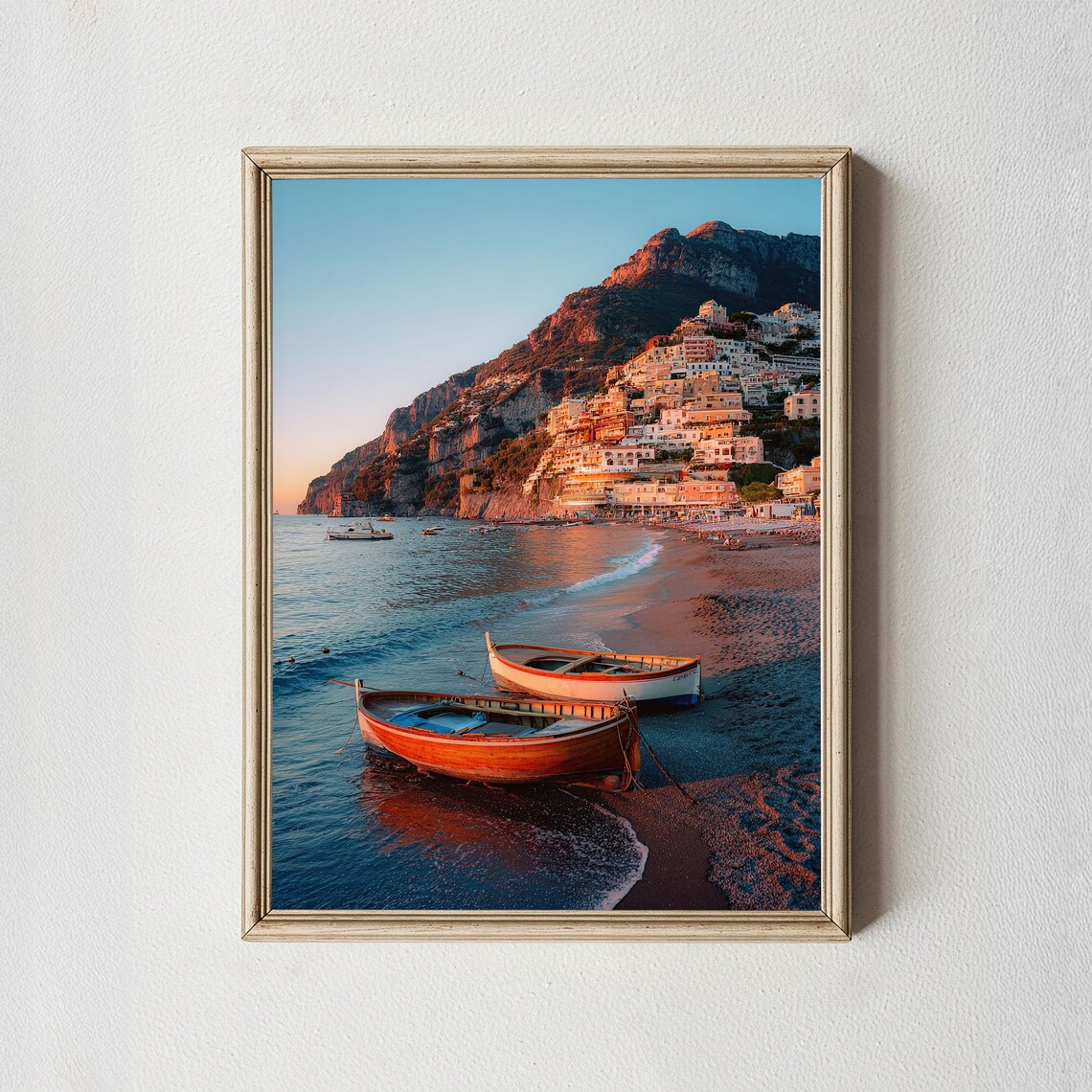 Positano Golden Hour Beach Boats Coastal Italy Sunset Poster