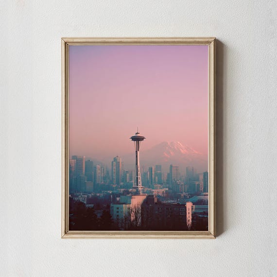 Seattle Space Needle Sunset Print Modern Cityscape Wall Art