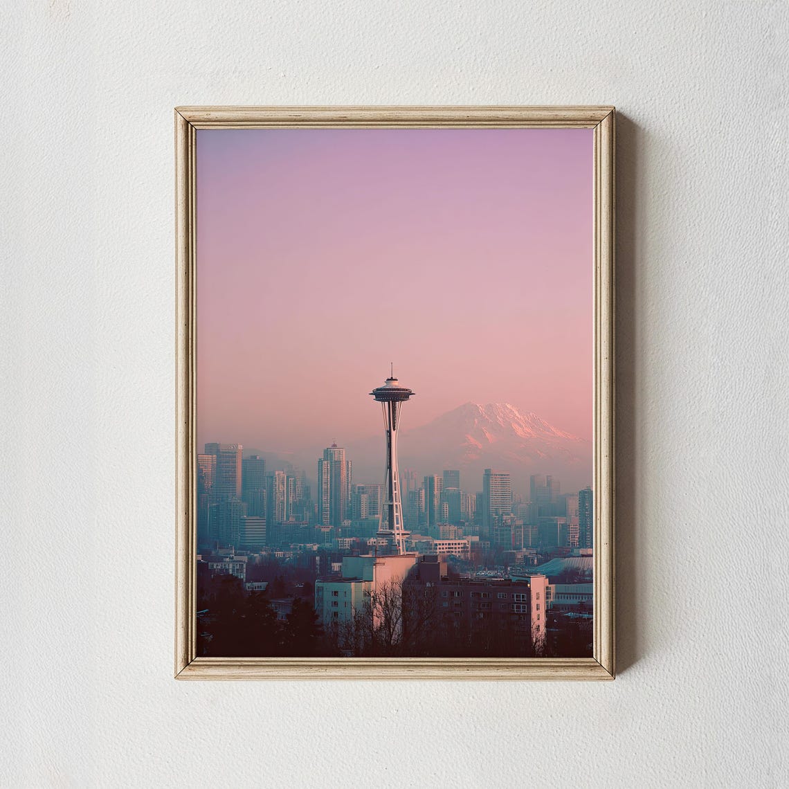 Seattle Space Needle Sunset Print Modern Cityscape Wall Art