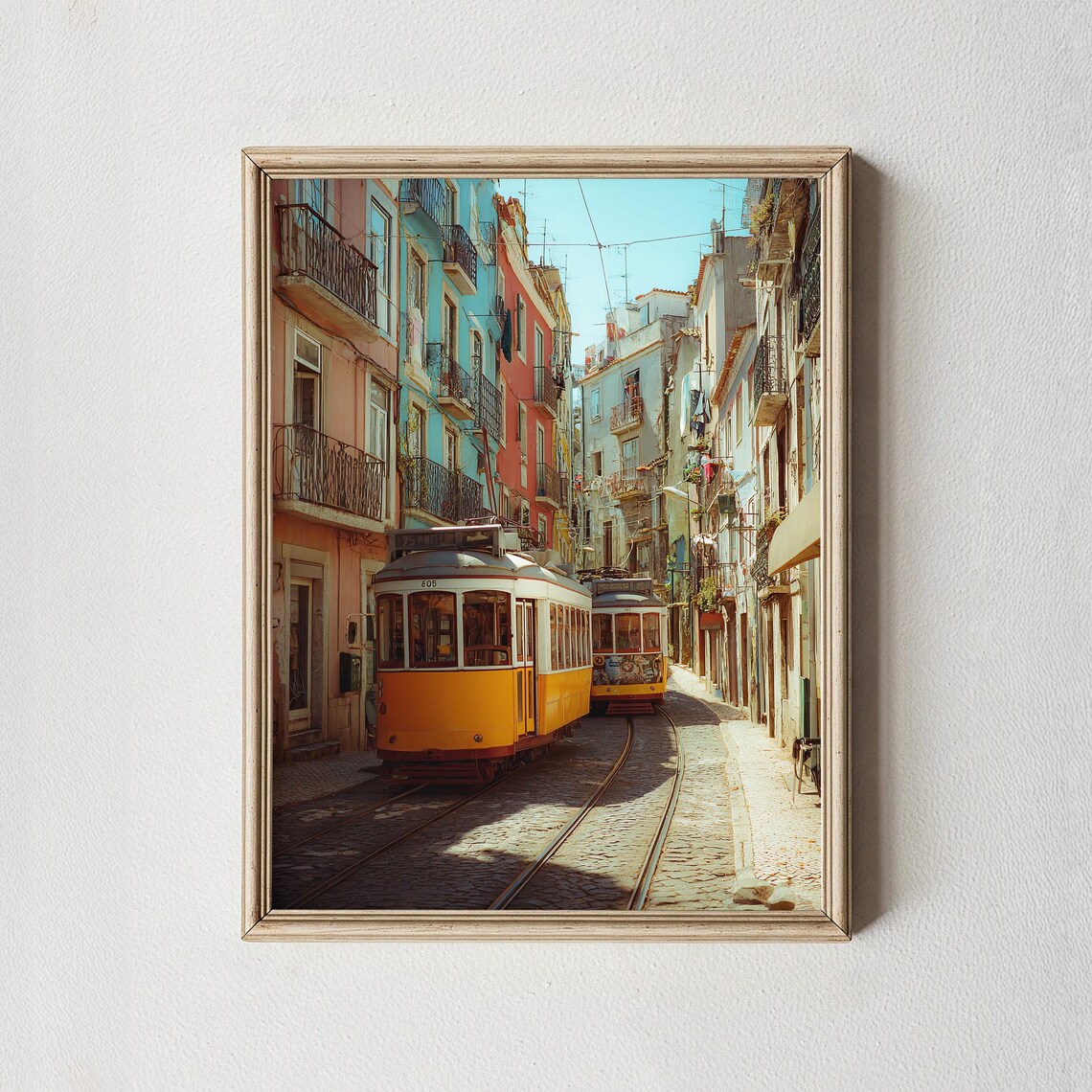 Lisbon Yellow Trams on Cobblestone Street European Travel Poster