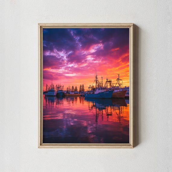 Fremantle Boats Sunset Wall Art Australia Marina Print Colorful Ocean Reflections Coastal Photography Poster