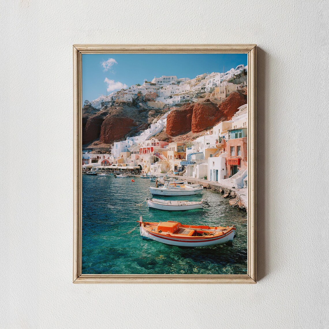 Santorini Greece Harbor Red Cliffs White Houses Boats Travel Poster