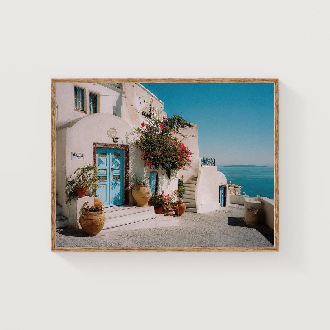 Santorini Greece Whitewashed Homes Blue Doors Aegean Travel Poster