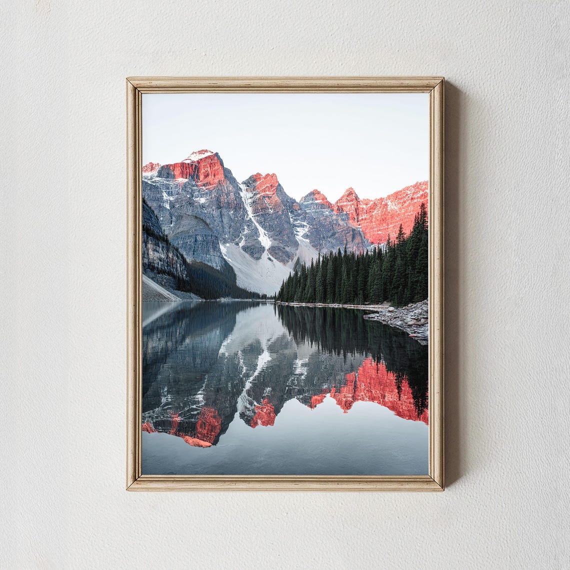 Red Glowing Mountain Peaks Mirror Lake Reflection Photo Poster