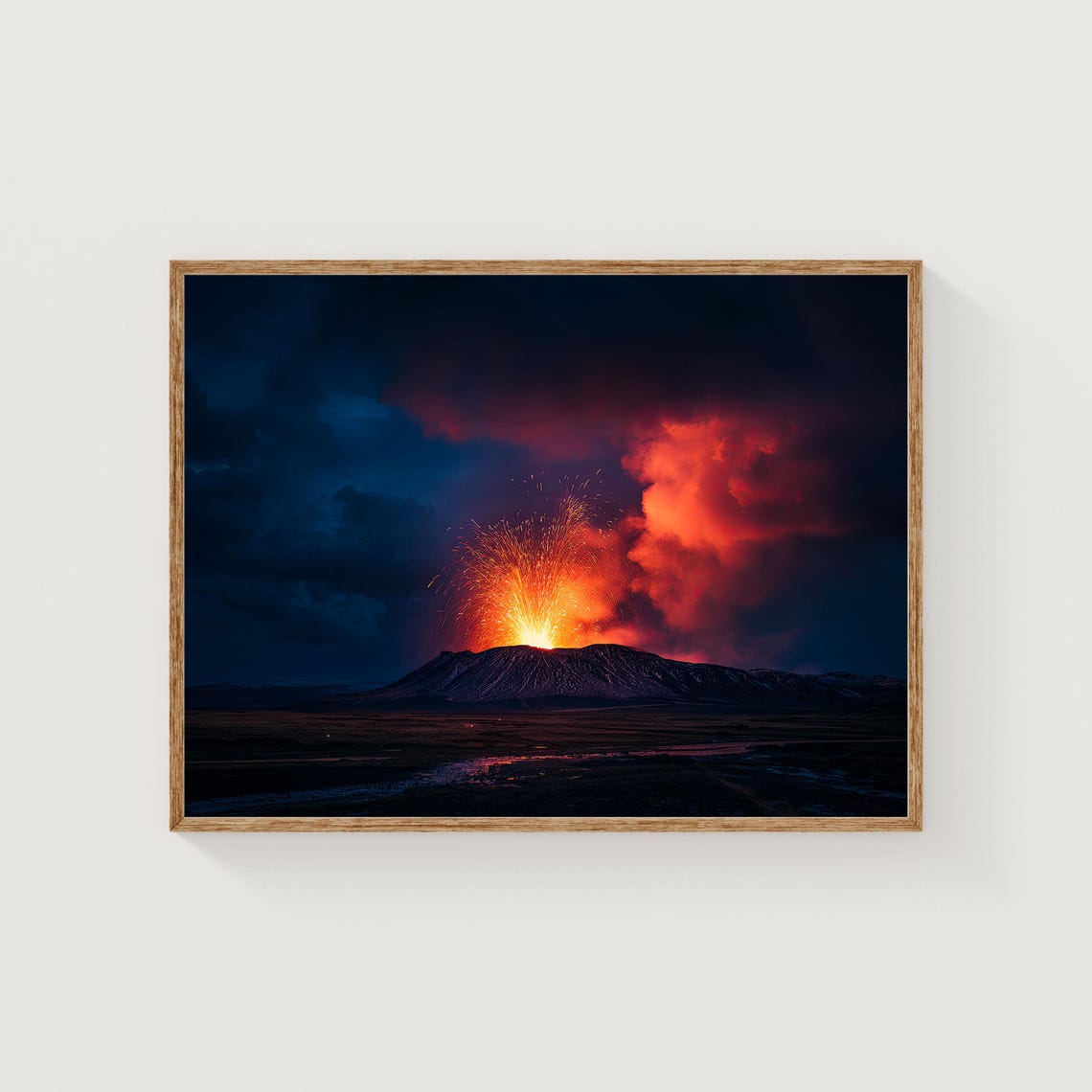 Iceland Volcano Eruption Night Lava Dramatic Fire Night Sky Poster
