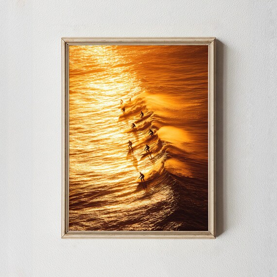 Surfers Line Up on Glowing Sunset Wave Aerial Photo Art Poster