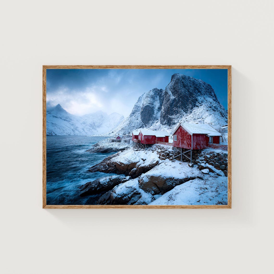 Lofoten Norway Winter Red Cabins Snowy Coastal Mountains Arctic Poster