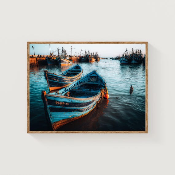 Essaouira Morocco Print Blue Fishing Boats At Sunrise Coastal Photography