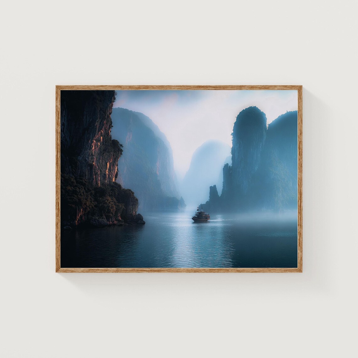 Misty Karst Islands Foggy Bay Lone Boat Fine Photography Poster