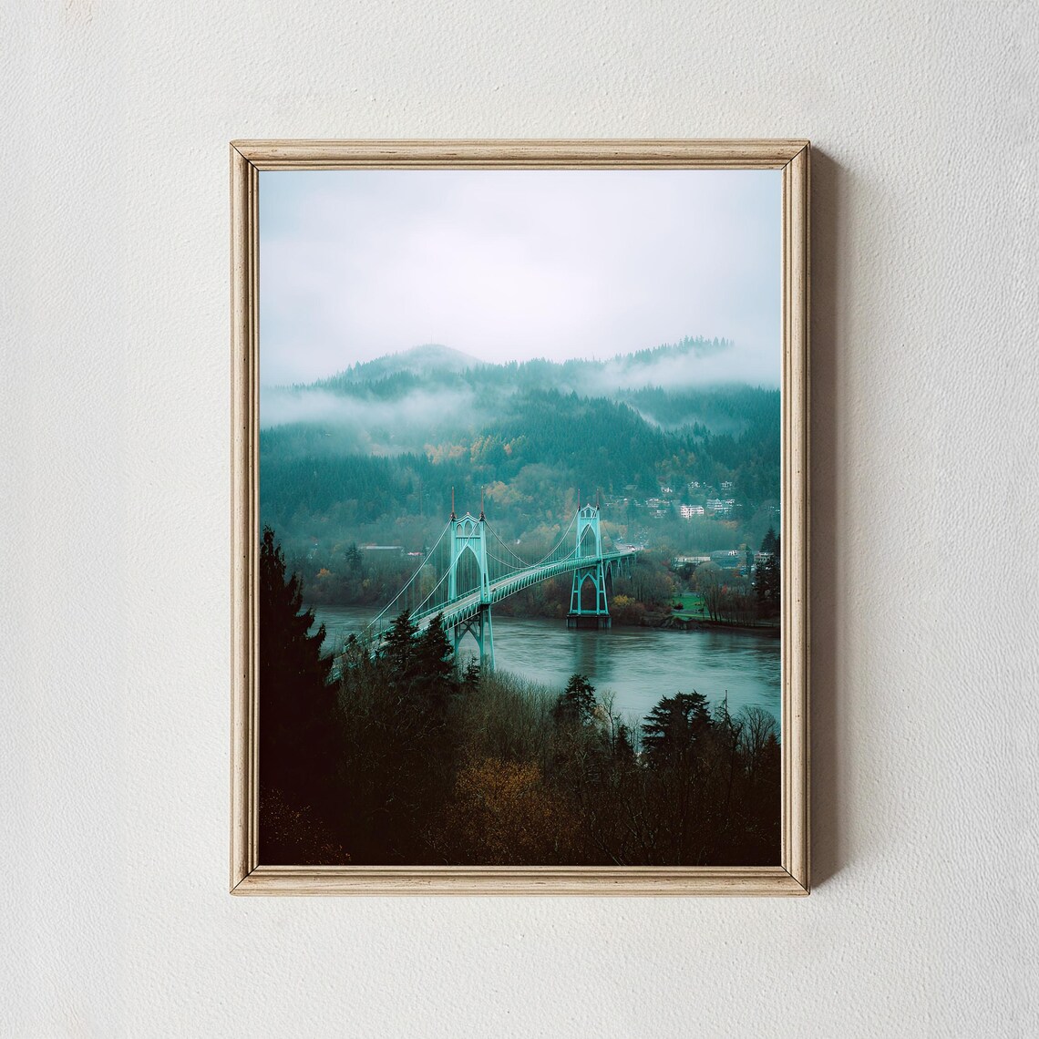 Misty Suspension Bridge Forest River Moody Photo Poster for Bedroom Walls