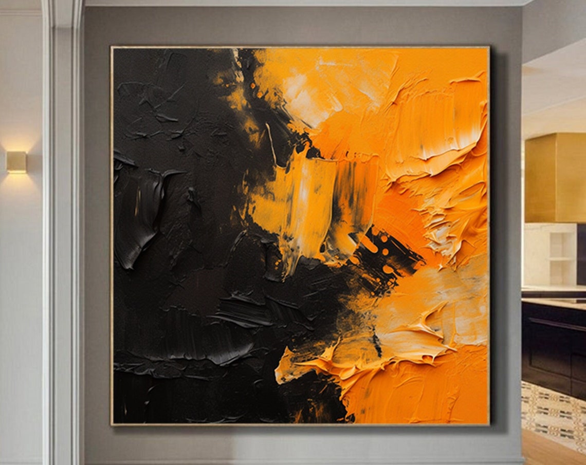 Black Orange Fire Abstract 3D Textured Bold Modern Oil Painting Poster