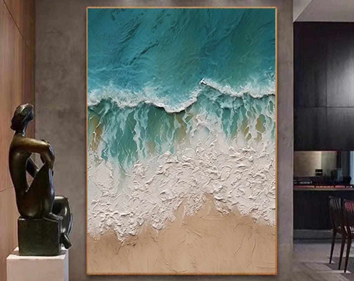 Turquoise White Ocean Waves Beach 3D Textured Coastal Wall Poster