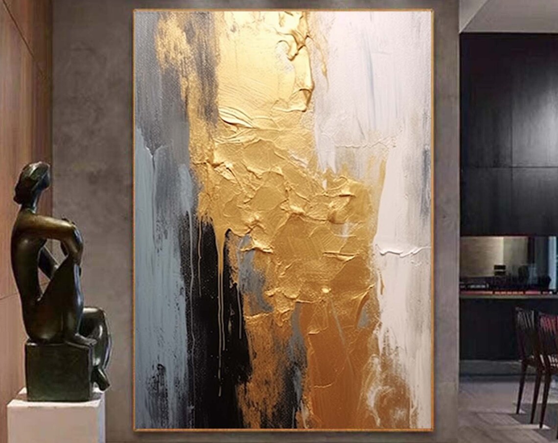 Gold Leaf Black White Textured Tall Abstract Luxury Flow Poster