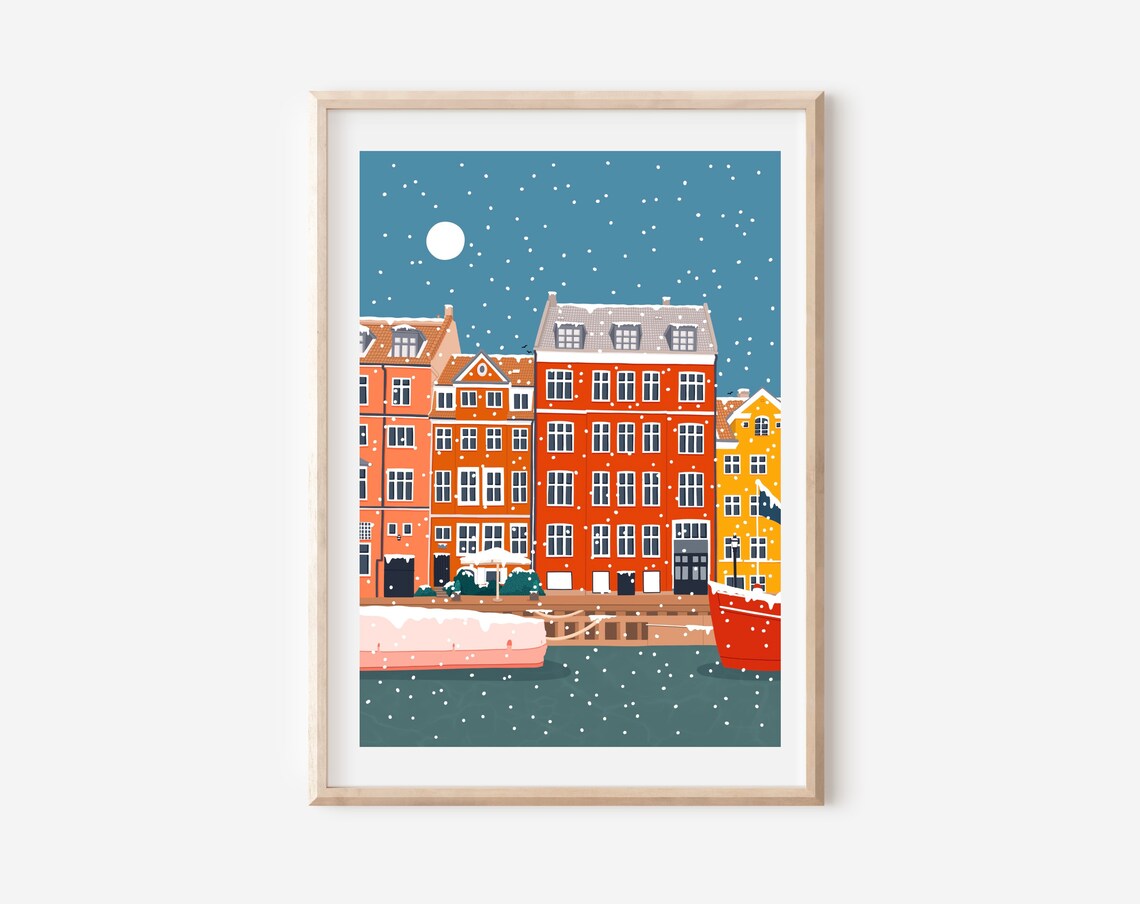 Copenhagen Nyhavn Denmark Snowy Winter Night Harbour Art Print - Image 4
