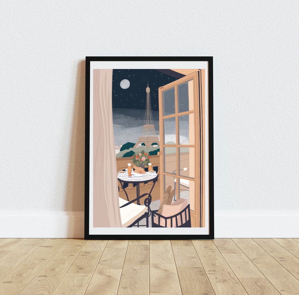 Paris Balcony Eiffel Tower Night Moonlit Breakfast Art Print - Image 4