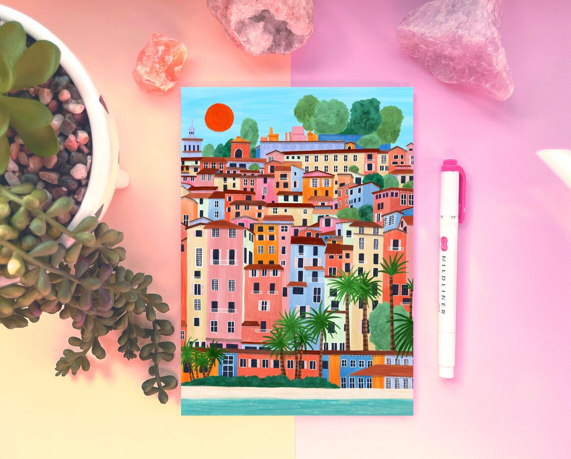 Menton French Riviera Colorful Coastal Town Travel Art Poster - Image 2