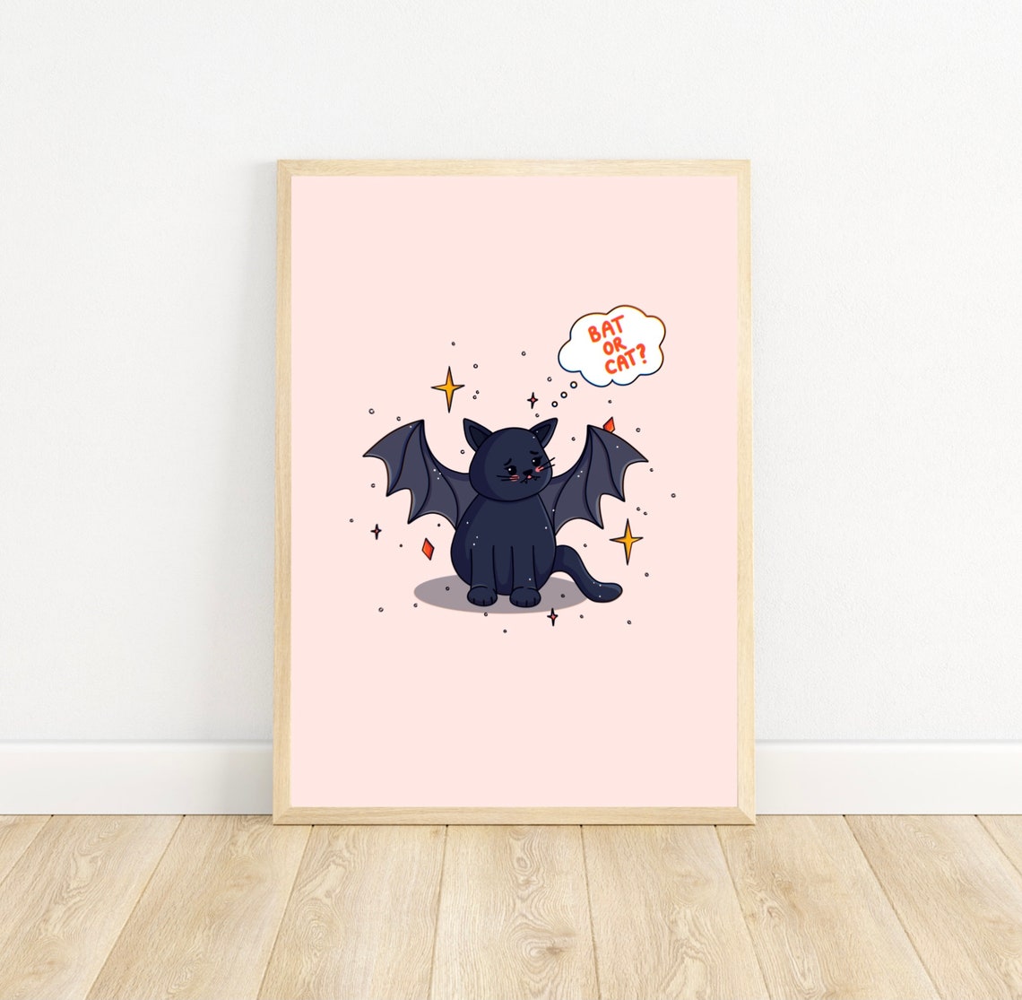 Cute Halloween Kawaii Black Cat Bat Wings Bat Or Cat Art Print - Image 3
