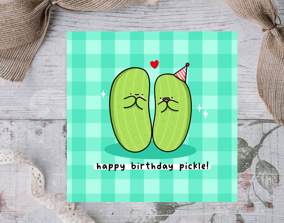 Kawaii Happy Birthday Pickle Smiling Pair Party Hat Pun Art Print - Image 2