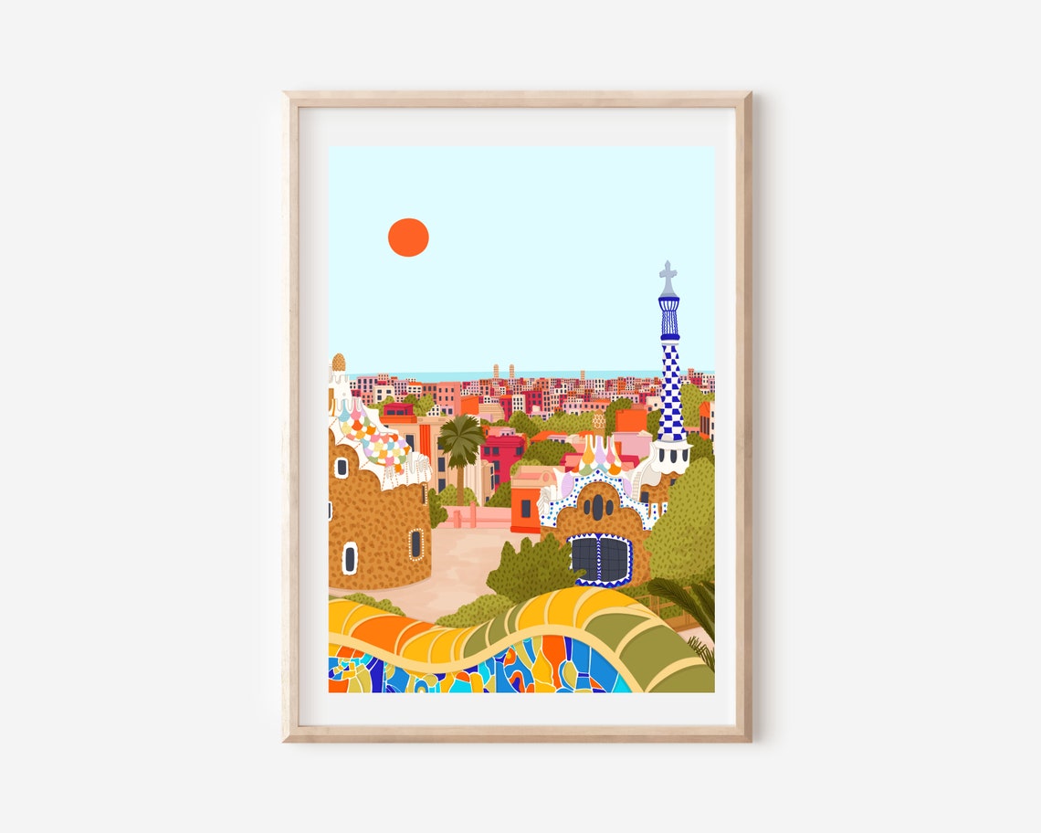 Barcelona Park Guell Gaudi Colourful Cityscape Travel Art Print - Image 5