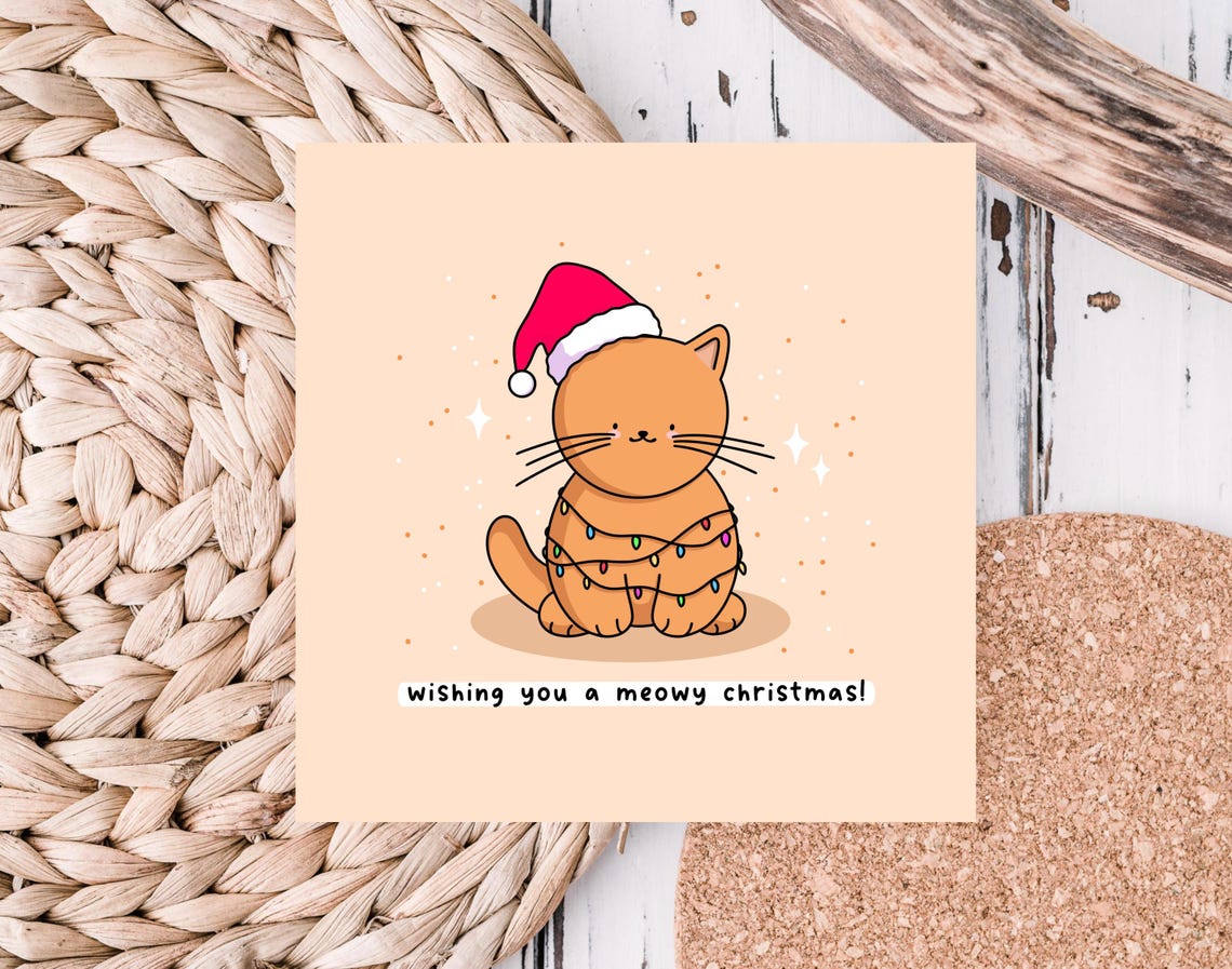 Kawaii Meowy Christmas Ginger Cat Santa Hat Fairy Lights Print - Image 5