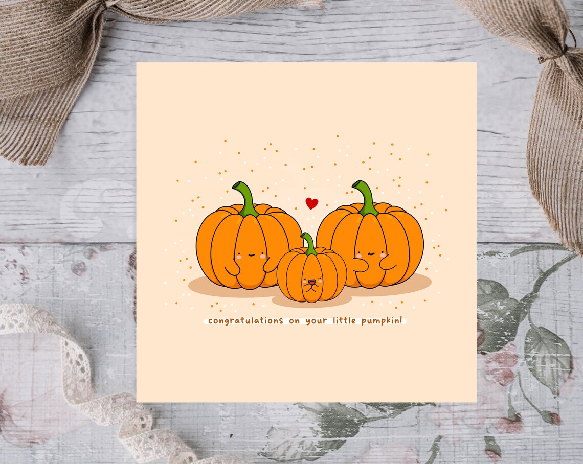 Pumpkin New Baby Card, Kawaii Halloween Art Print - Image 3