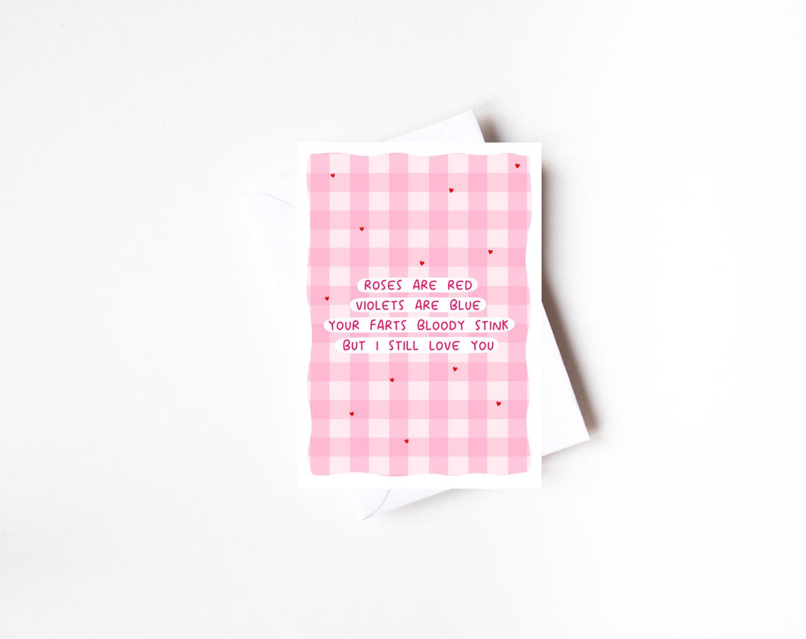 Funny Pink Gingham Roses Are Red Fart Joke Love Card Rude Print - Image 2
