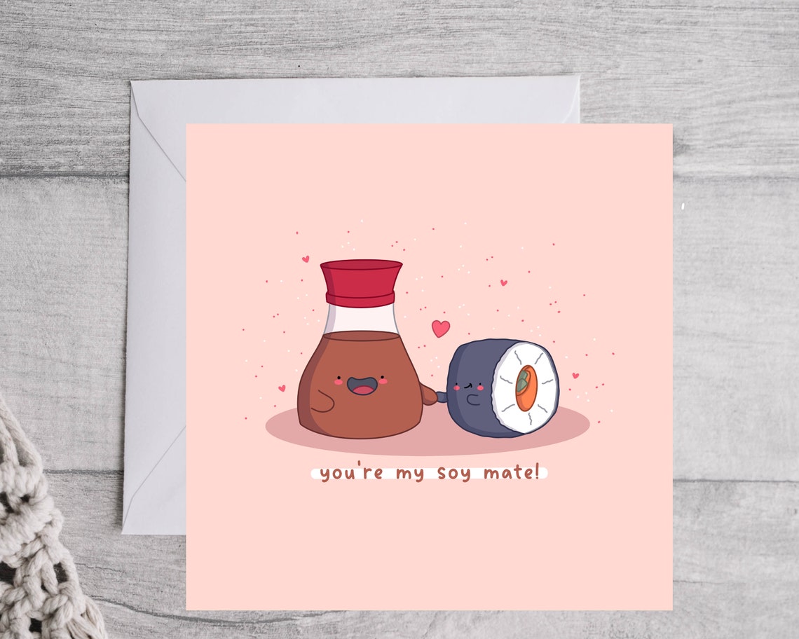 Soy Sauce and Sushi Roll Soy Mate Love Card Cute Kawaii Print - Image 3