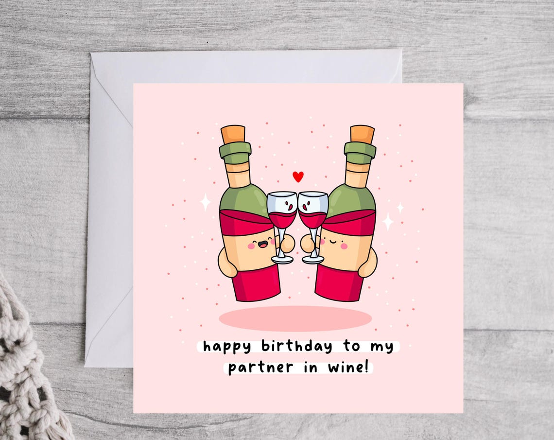 Happy Birthday To My Partner In Wine Funny Illustrated Card Print - Image 2