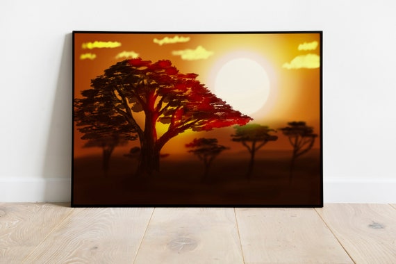 African Sunset Painting Savanna Africa Nature