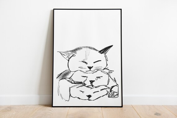 Sleeping Kitten Pencil Sketch Cute Cozy Cat Minimalist Art Poster