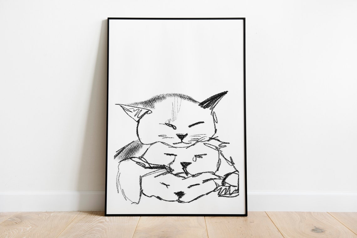 Sleeping Kitten Pencil Sketch Cute Cozy Cat Minimalist Art Poster