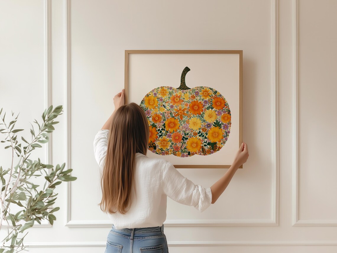 Boho Pumpkin Art Print Autumnal Wall Decor Thanksgiving And Fall Botanical Harvest Modern Farmhouse