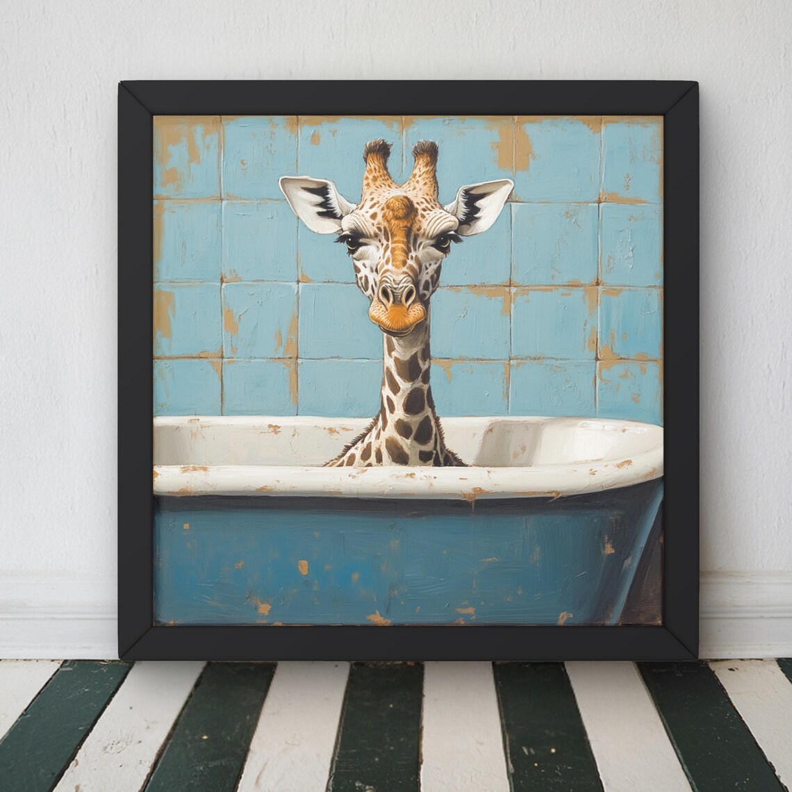 Vintage Giraffe Bathroom Art Print, Kids Bath Decor