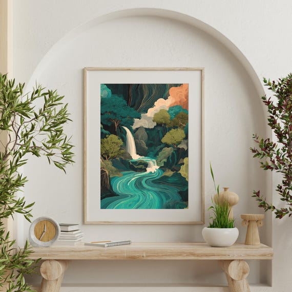 Japanese Waterfall Art Print Hokusai Ukiyoe Poster Blue Green Home Decor Wall