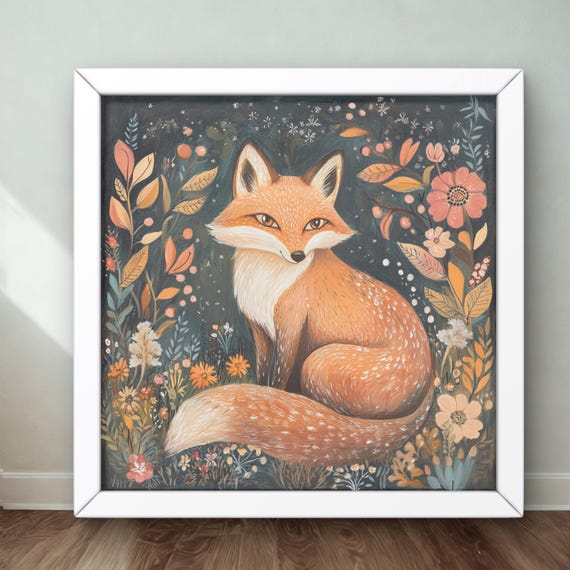 Whimsical Nursery Print Wall Art Boho Decor Floral Fox Painting Poster Multicolor Safari Kids Room