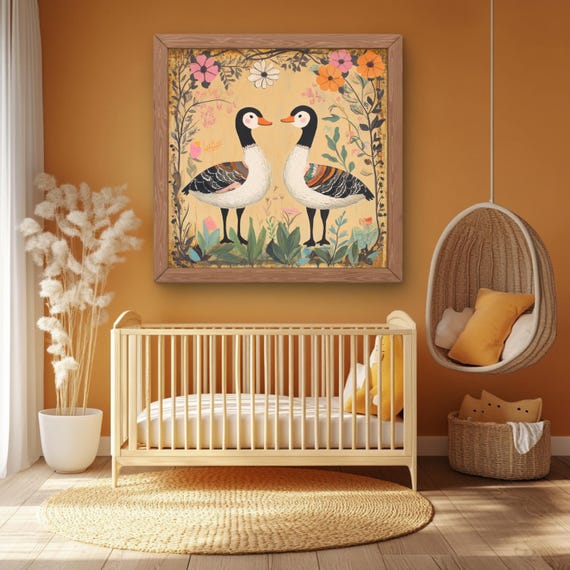 Whimsical Nursery Print Wall Art Boho Decor Floral Duck Painting Colorful Kids Room