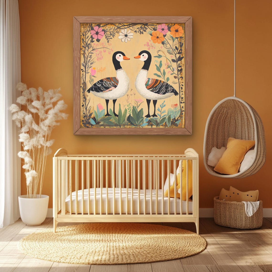 Canada Geese Pair Cream Floral Whimsical Nursery Decor Poster