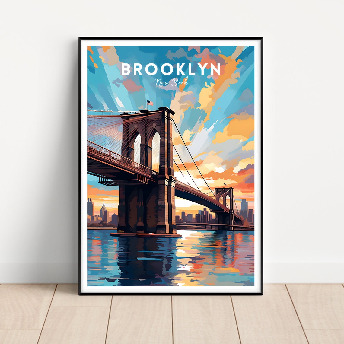 Brooklyn New York Bridge Sunset Skyline Retro Travel Art Poster