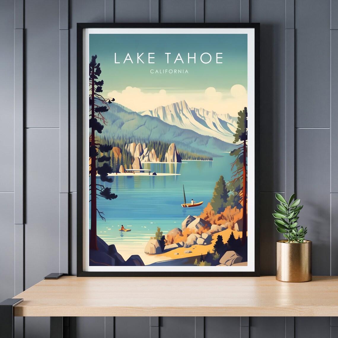 Lake Tahoe Travel Poster, Lake and Mountain Art Print