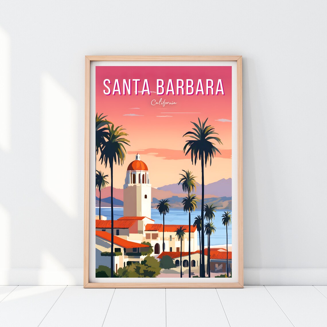 Santa Barbara California Sunset Palm Trees Skyline Vintage Travel Poster - Image 2