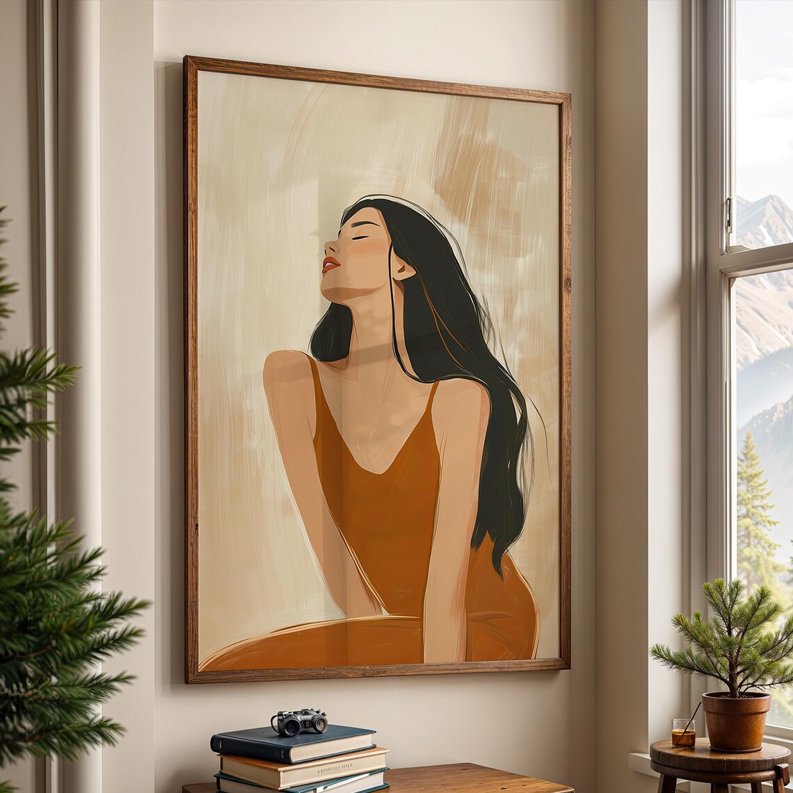 Woman In Brick Red Dress Eyes Closed Minimalist Elegant Contemporary Portrait Poster - Image 6