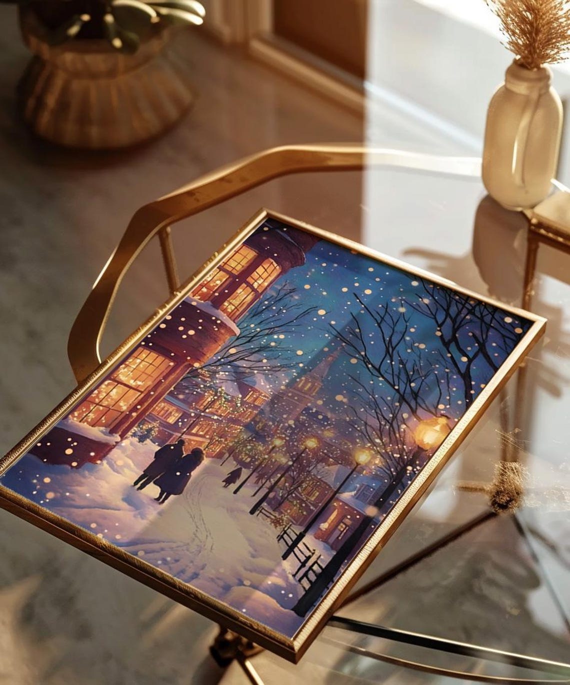 Snowy Village Winter Evening Street Vintage Christmas Scene Poster - Image 2