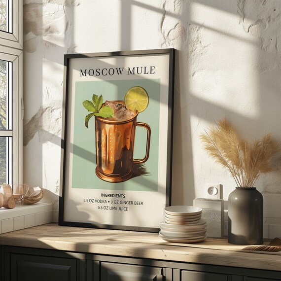 Moscow Mule Copper Mug Cocktail Recipe Art Print Bar Wall Decor